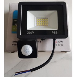 Projecteur LED 20W IP66 avec détecteur de mouvement et lumière blanc froid 6000K.