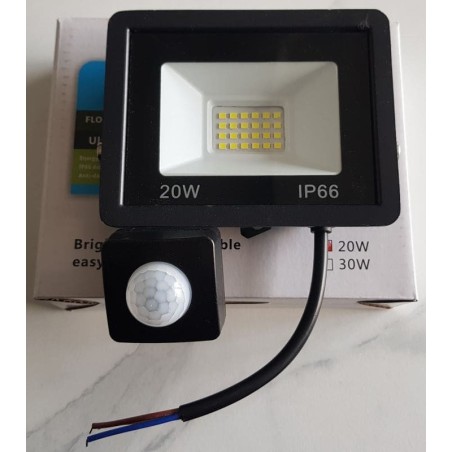 Projecteur LED 20W IP66 avec détecteur de mouvement et lumière blanc froid 6000K.