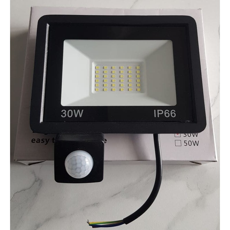 Projecteur LED 30W IP66 avec détecteur de mouvement et lumière blanc froid 6000K.