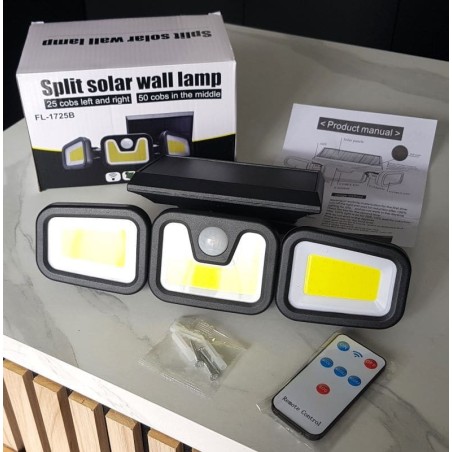 Lampe solaire 100 COB IP67 orientable avec détecteur de mouvement et télécommande.