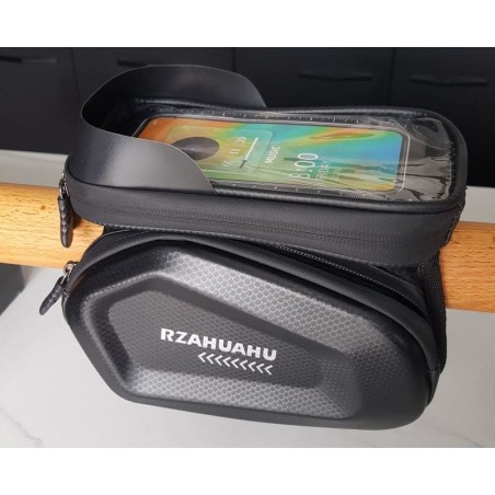 Sacoche de cadre vélo étanche avec étui téléphone zippé et passage pour câble.