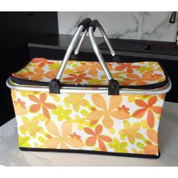 Panier isotherme pliable blanc à fleurs oranges – idéal pour garder vos aliments au chaud ou au froid.