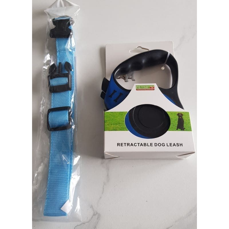 Laisse automatique 5 m avec collier LED bleu pour chien – adaptée jusqu’à 15 kg.
