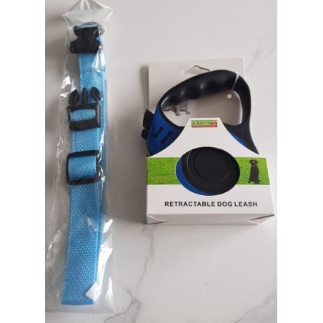Laisse automatique 5 m avec collier LED bleu pour chien – adaptée jusqu’à 15 kg.