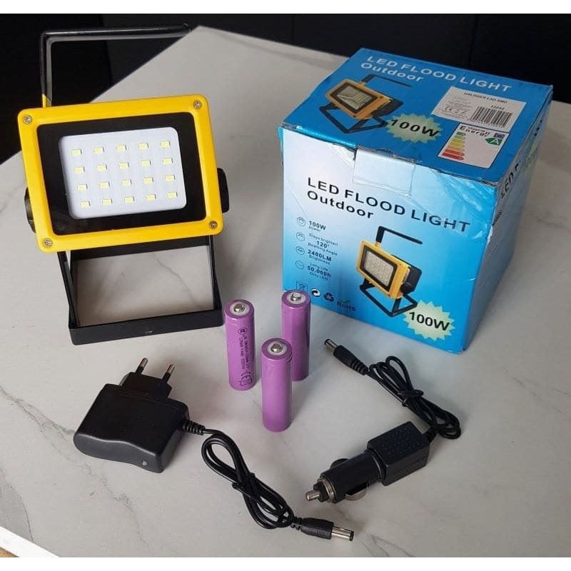 Lampe LED portable 100W avec batterie, blanc froid, 20 SMD, IP65, double chargeur.