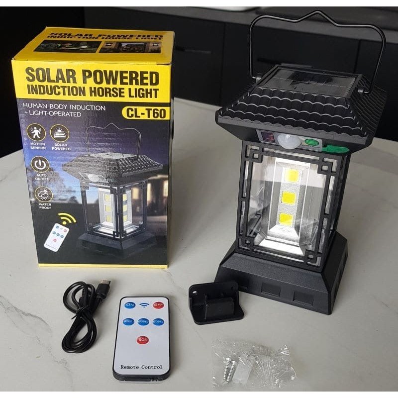 Lampe solaire 60 LED COB 1200 LM avec détecteur de mouvement, télécommande et 5 modes.