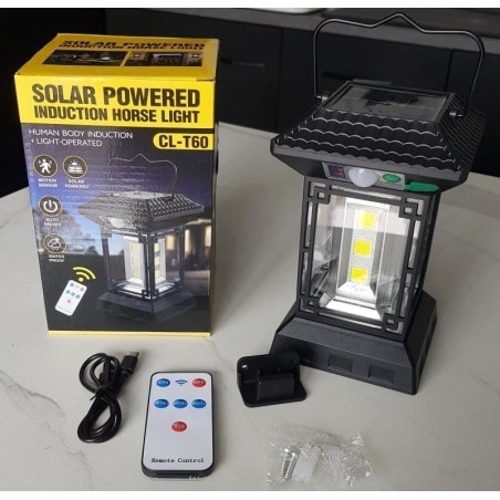Lampe solaire 60 LED COB 1200 LM avec détecteur de mouvement, télécommande et 5 modes.
