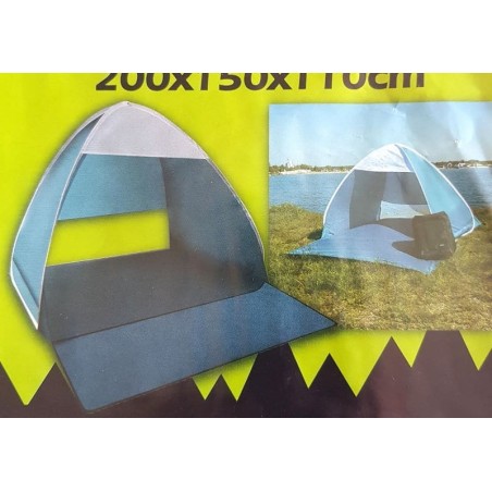 Tente de plage pop‑up auto‑déployante bleu/blanc avec moustiquaire et protection UV30+.