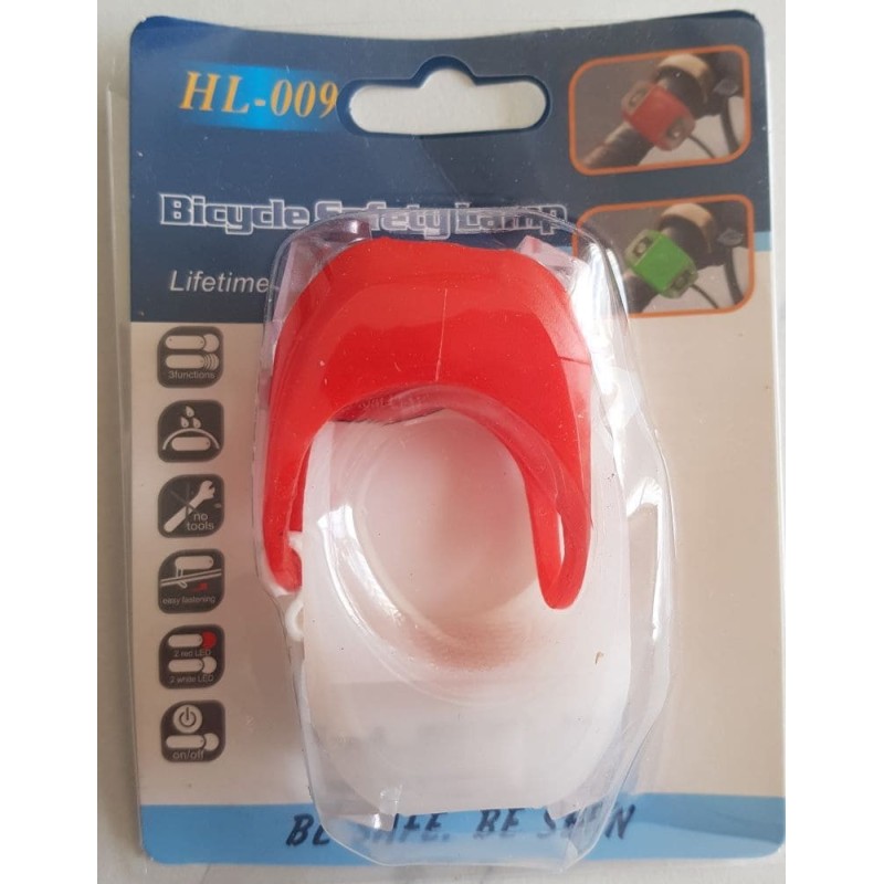 Éclairage vélo LED avant (blanc) et arrière (rouge) en silicone – étanche et facile à installer.