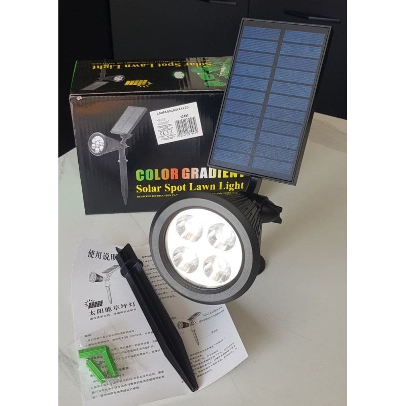 Lampe solaire de jardin blanc chaud, 4 LED, orientable, avec détecteur crépusculaire.