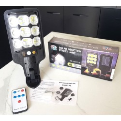 Lampadaire solaire LED extérieur avec détecteur de mouvement et crépuscule, télécommande incluse.