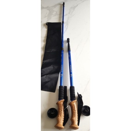 Bâtons de marche nordique bleus avec poignée en liège, système antichoc et housse incluse.