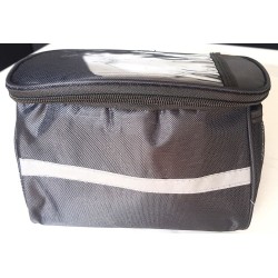 Sacoche de guidon vélo étanche noire avec poche téléphone transparente et bandes réfléchissantes.