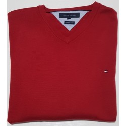 Pull Tommy Hilfiger rouge col V en taille XXL – très bon état