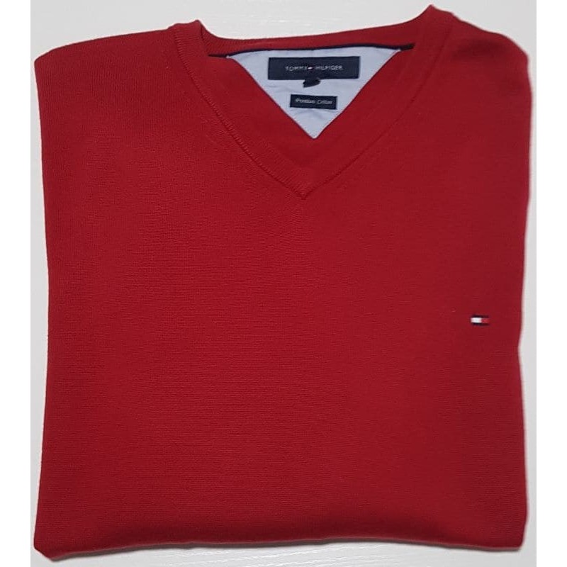 Pull Tommy Hilfiger rouge col V en taille XXL – très bon état