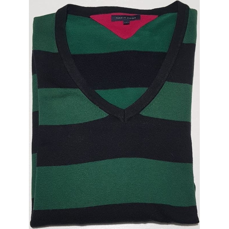Pull léger Tommy Hilfiger noir et vert col V taille L – très bon état
