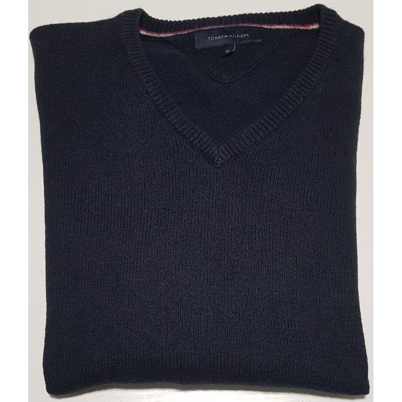 Pull bleu marine Tommy Hilfiger col V XL – vêtement homme d’occasion