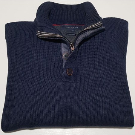 Pull bleu marine Tommy Hilfiger col camionneur XL – vêtement homme d’occasion