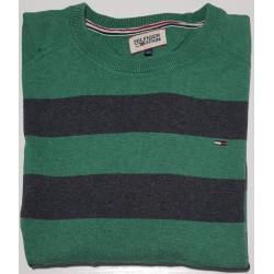 Pull léger Tommy Hilfiger rayé vert et gris M – vêtement homme d’occasion